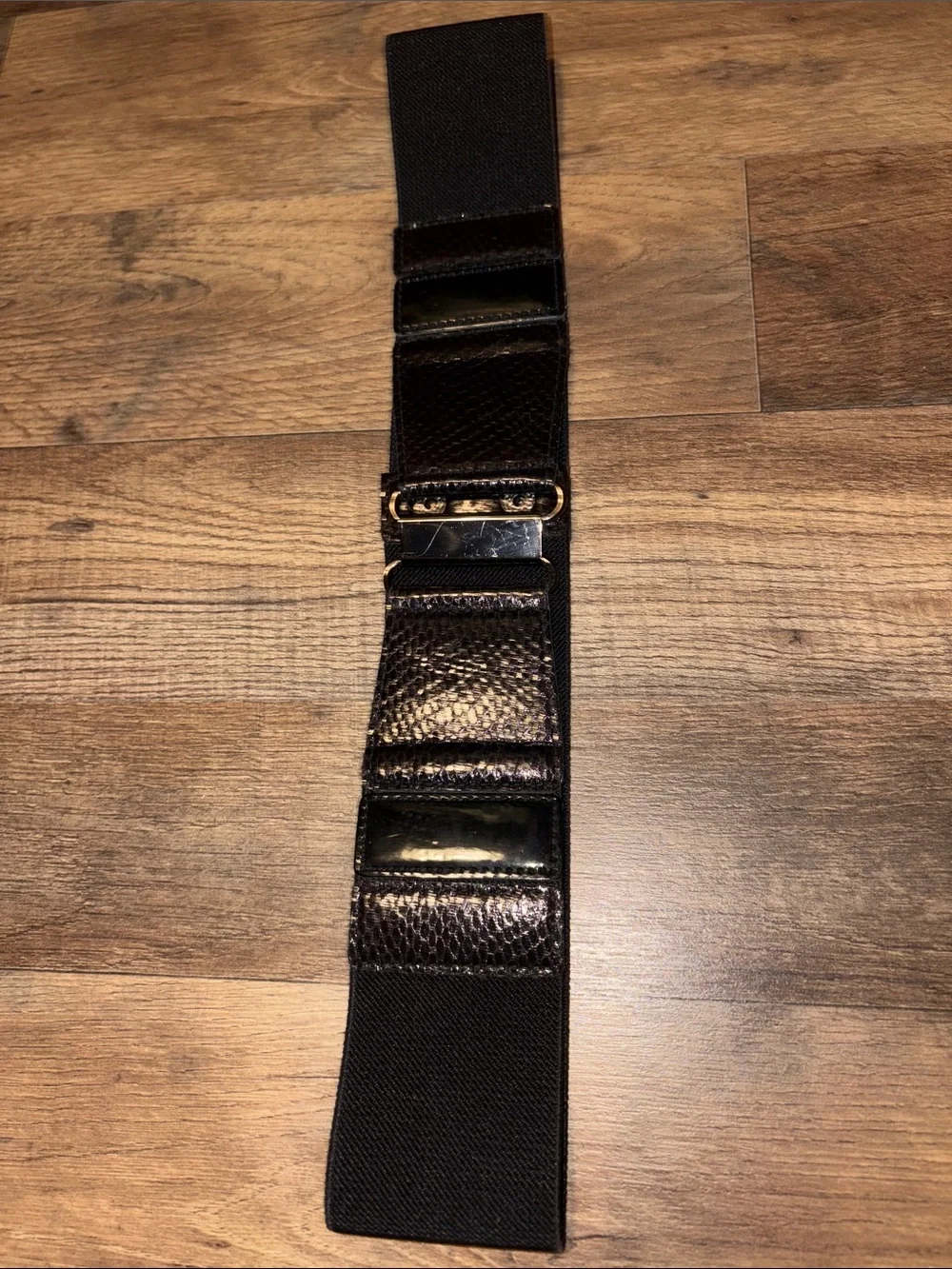 Vintage Black Wide Elastic Belt with Snaps & Metal Detail Large/34 Inch Waist